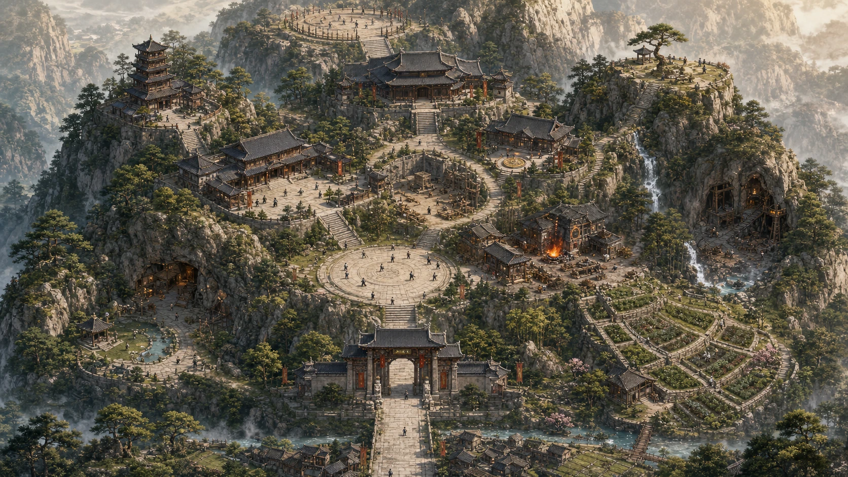 红尘剑宗殿阁、试剑台、工坊、矿场与药田沿山路展开的舆图